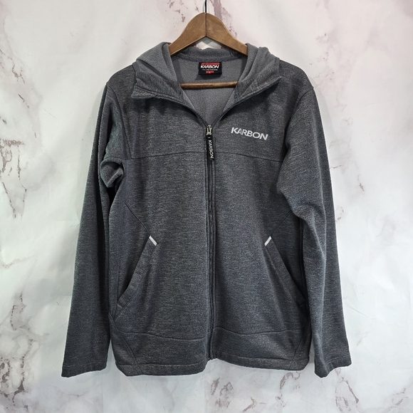Karbon Jacket Mens Large Gray Full Zip Hooded Fleece Sweater Ski Mid Layer - Picture 1 of 12